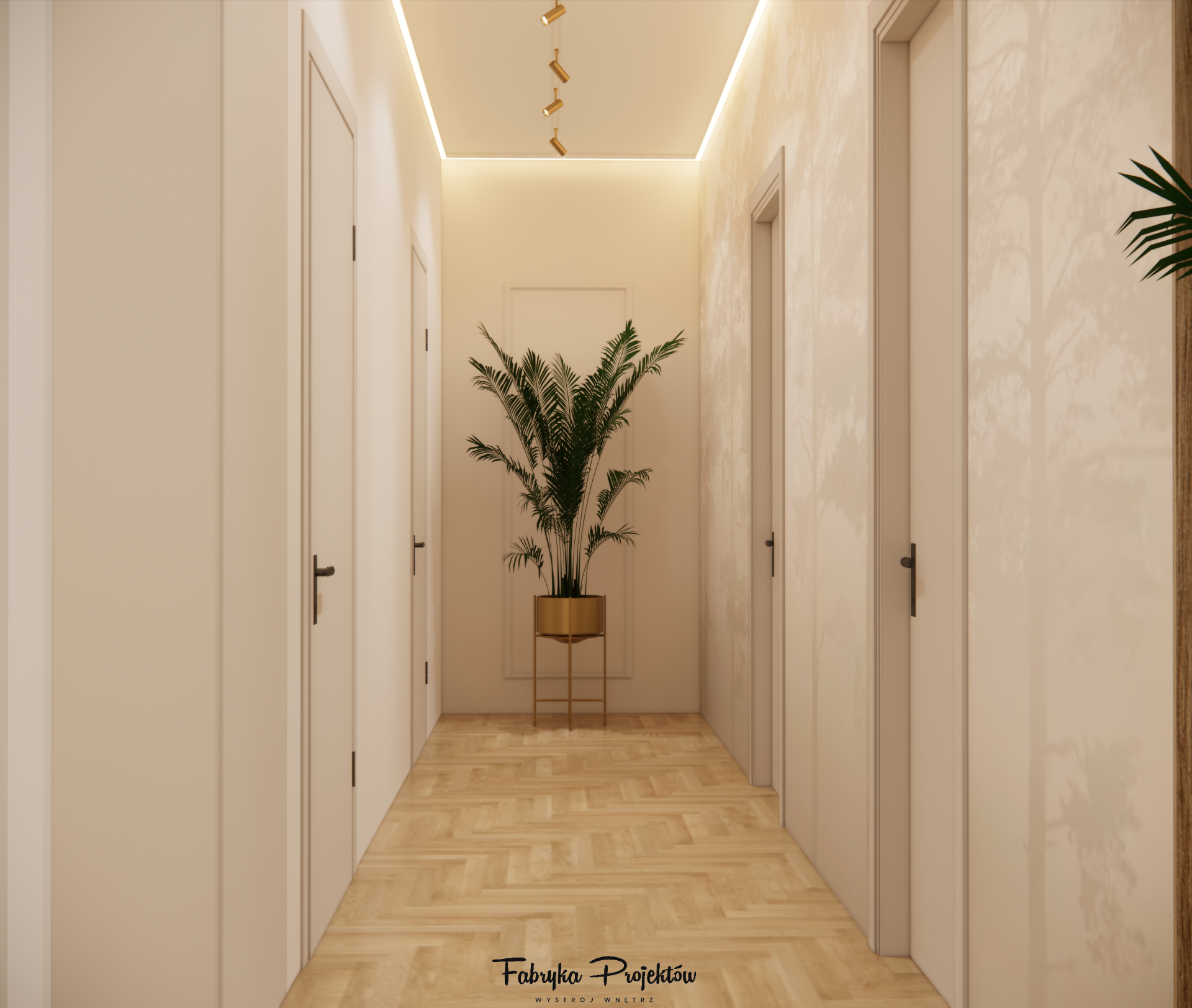 Długi korytarz z listwą LED przy suficie i rośliną w złotej donicy na końcu.